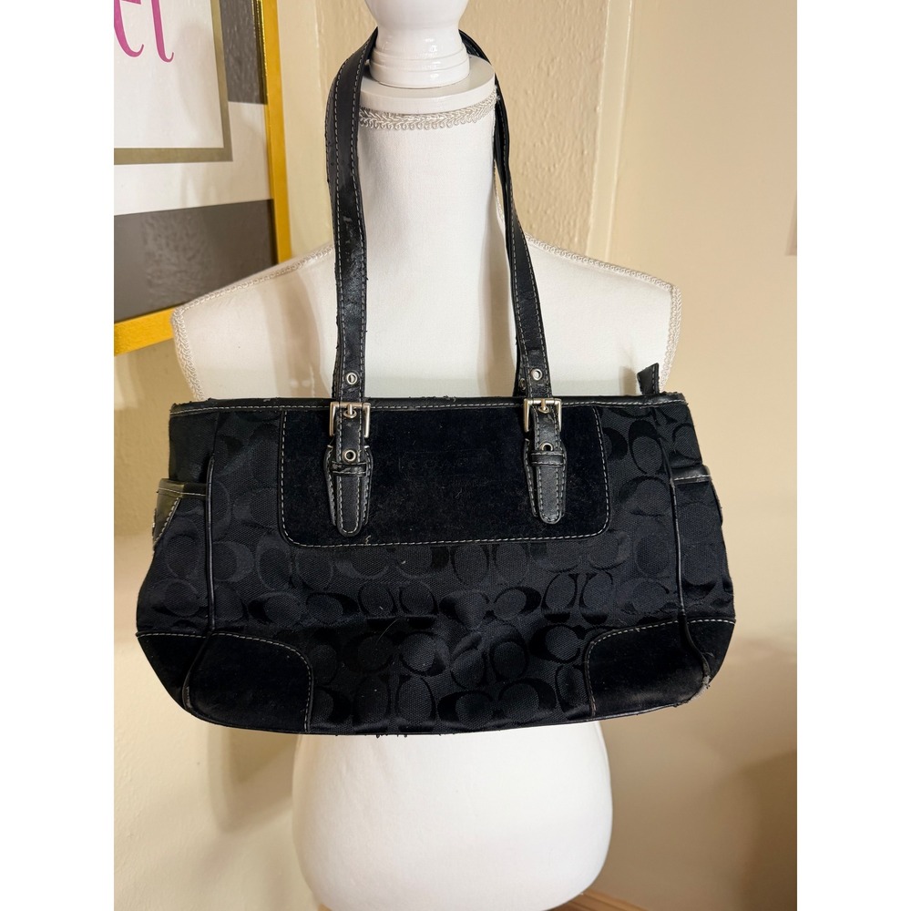 Coach Signature Black Canvas Suede Tote Shoulder Bag J05S-1438